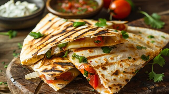 Grilled vegetable quesadillas stuffed with saut ed onions bell peppers and melted cheese.