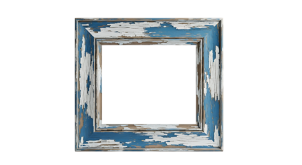 Rustic distressed blue and white wooden picture frame isolated on transparent background