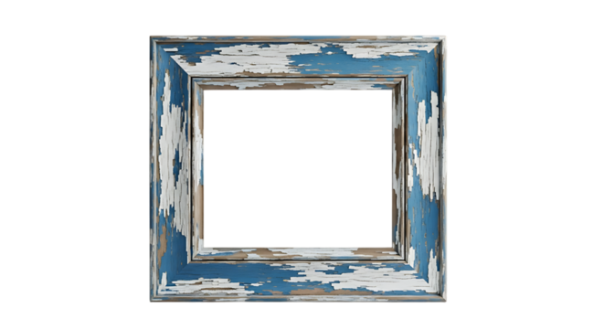 Rustic distressed blue and white wooden picture frame isolated on transparent background
