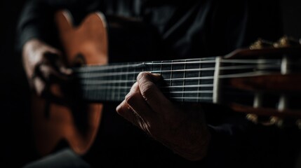 Fototapeta premium Classical Guitarist in Low Light: A Melodic Moment
