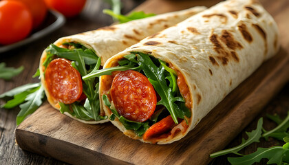 Delicious pepperoni pizza wrap with fresh arugula and tomato. The wrap is neatly rolled and looks appetizing