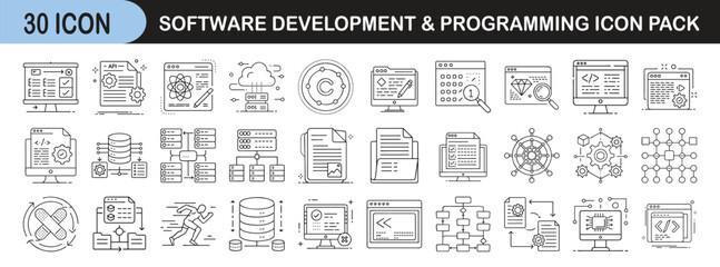 Outline icon set for software development and programming - Linear icons representing software engineering concepts such as coding, databases, debugging, APIs, UI/UX, cloud computing, and system