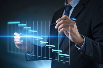 Businessman planning project timeline on futuristic interface