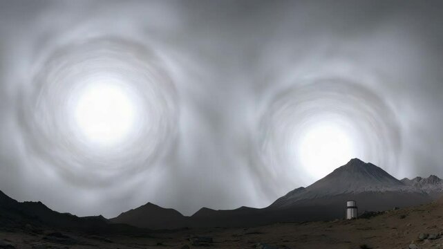 Majestic mountain landscape under a large cloud with two circular objects floating in the sky above