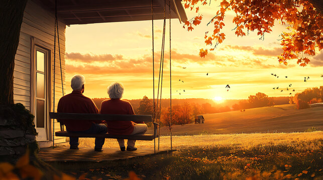  A retired couple sitting on a porch swing, watching the sunset together (1)