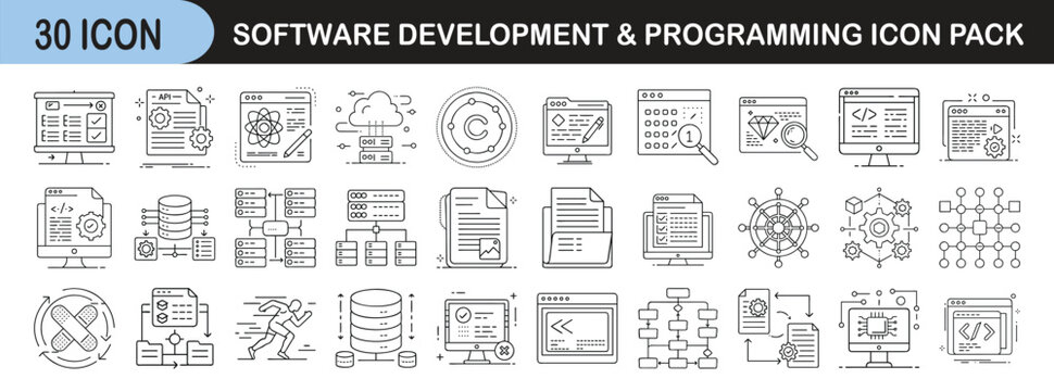 Outline icon set for software development and programming - Linear icons representing software engineering concepts such as coding, databases, debugging, APIs, UI/UX, cloud computing, and system