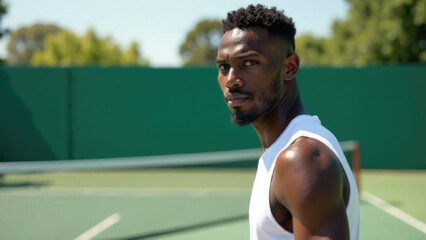 Serious Black tennis athlete in competition outfit in white T-shirt standing on lawn court. Focused player portrait with tennis equipment