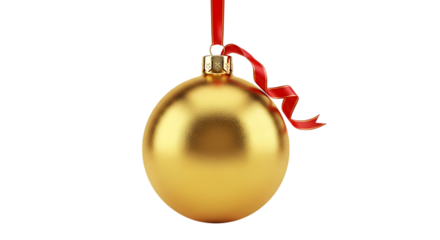 Shiny gold christmas ornament with red ribbon isolated on transparent background