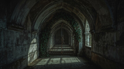 Mysterious Abandoned Corridor with Vines