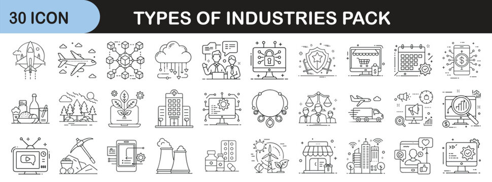 Outline icon set representing different industry sectors - Linear icons illustrating various industries such as agriculture, healthcare, technology, retail, energy, education, finance, media, and tour