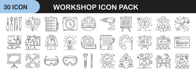 Outline icon set for workshops and hands-on training - Linear icons representing workshop activities, tools, and collaboration including drills, charts, teams, safety gear, presentations, and project 