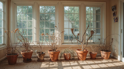 Sunlit Room with Dried Potted Plants