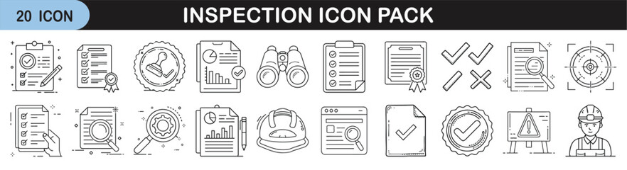Outline icon set for inspection, auditing, and quality control - Linear icons illustrating inspection-related concepts such as checklists, magnifying glasses, approvals, reports, verification, and tar