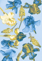 Bright seamless floral pattern with digitally enhanced iris and lupine flowers in bold blue yellow colors. Perfect for modern textile design, packaging, and digital art.
