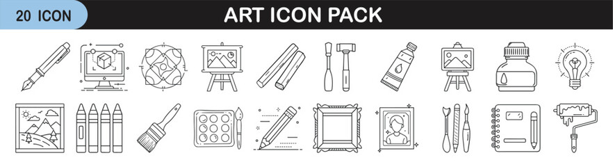 Outline icon set of artistic tools and creative elements - Linear icons representing art materials and creative activities including easels, paintbrushes, pencils, sketchbooks, tubes of paint, and ide