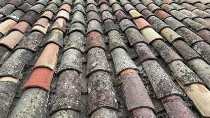 Close-up of aged terracotta roof tiles, typical for historic European buildings. Weathered surface and natural color variations create a rustic pattern.