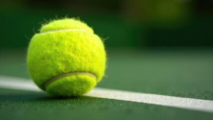 Bright green tennis ball resting on outdoor grass court, ready for play. Fresh lawn tennis setting with natural lighting for sports photography