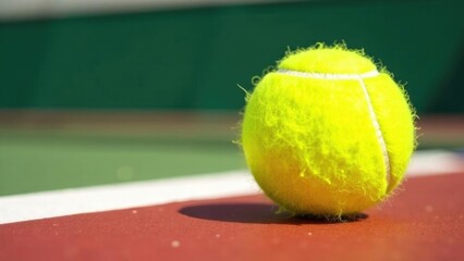 one green tennis ball on pristine grass tennis court. Summer outdoor sports concept with focus on tennis equipment