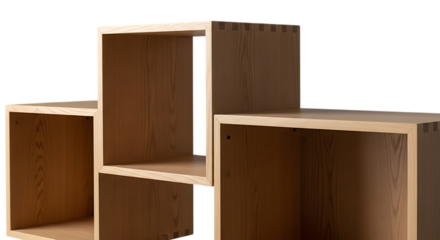 Modern wooden cube shelving unit with interlocking joints isolated on transparent background