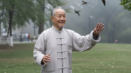 Smiling elderly man practicing tai chi outdoors park