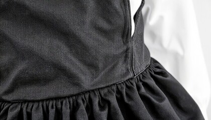 Black dress with ruffled skirt and white blouse detail  
