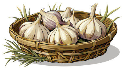 Fototapeta premium close up Pale organic garlic bulbs with papery skin and long roots rest in a rustic basket, perfect for illustrating the timeless value of nature’s flavor and healing in vector art.. White backgroun