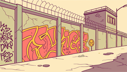 Obraz premium Graffiti art prison wall vector illustration urban street art design with barbed wire and guard tower scene