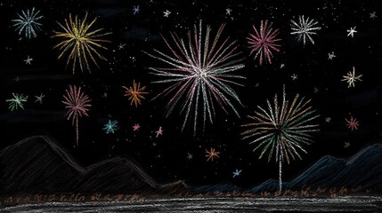 Colorful fireworks over dark mountains