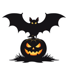 Naklejka premium Black silhouette of a bat perched on a carved pumpkin with glowing eyes on a white background with copy space 