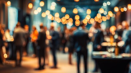 Impressionistic view of a social event with people, soft lighting, and blurred focus creating an elegant, sophisticated atmosphere