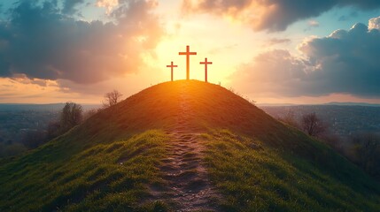 Three crosses atop a grassy hill at sunset.
