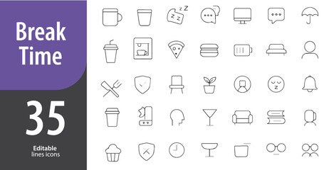 Break Time Line Icons, Coffee Cup, Relaxing Chair, Snack, Chat Bubble, Tea Mug, Editable Formats: AI, EPS, PNG, JPG, Ideal for Both Digital and Print Use
