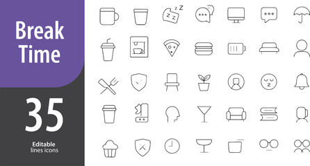 Break Time Line Icons, Coffee Cup, Relaxing Chair, Snack, Chat Bubble, Tea Mug, Editable Formats: AI, EPS, PNG, JPG, Ideal for Both Digital and Print Use
