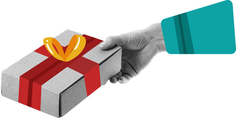 hands holding gift box with red ribbon halftone collage