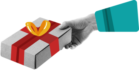 hands holding gift box with red ribbon halftone collage