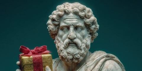 Classical Marble Statue of Bearded Man in Toga Holding Gold Gift Box with Red Ribbon Against Minimalist Green Background.