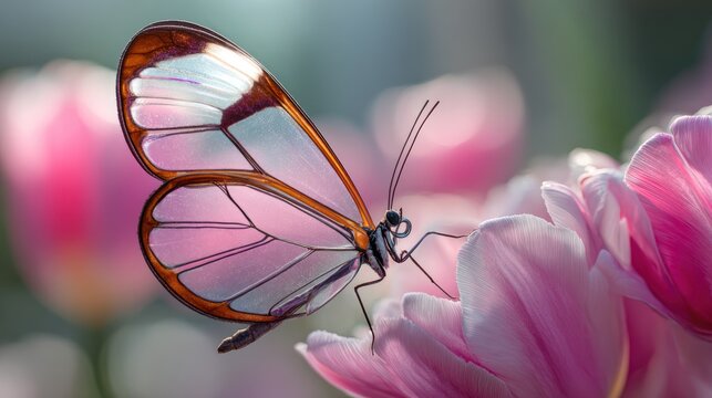 A glasswing butterfly with translucent wings rests delicately on a soft pink tulip blossom, surrounded by a blurred background of more tulips.  The lighting 