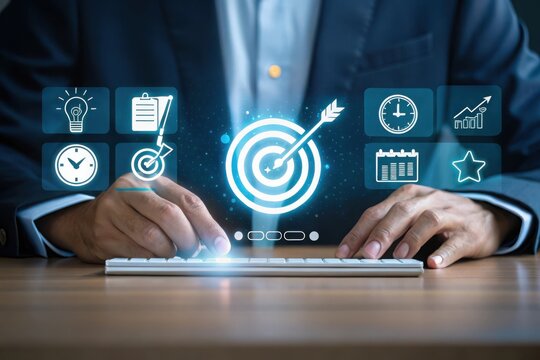 Business man aiming for goals with digital icons
