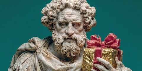 Classical Marble Statue of Bearded Man in Toga Holding Gold Gift Box with Red Ribbon Against Minimalist Green Background.