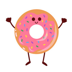 Smiling donut character. Kawaii cheerful face, mascot. Sweet food. Vector isolated on white