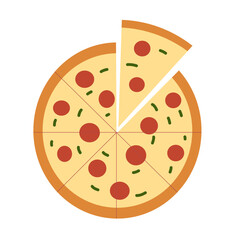 Flat illustration of a pizza. Hand-drawn cheesy slices with pepperoni toppings. Fun, tasty food in doodle style, isolated on white. Vector for fast food, menu