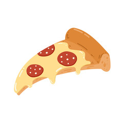 Flat illustration of a pizza slice. Hand-drawn cheesy slice with pepperoni toppings. Fun, tasty food in doodle style, isolated on white. Vector for fast food, menu	
