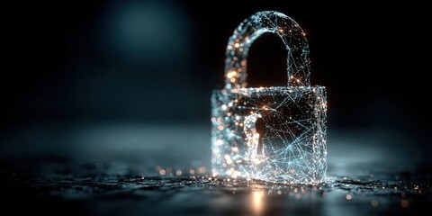 Glowing Digital Padlock Illustration with Interconnected Lines and Dots on Dark Blue Background. Symbolizing Cybersecurity, Data Protection, and Network Safety with Copy Space.