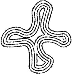 A stylized cross shape formed by concentric, curving lines that intersect to create an abstract, dynamic design.