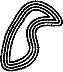 A stylized fluid form made up of concentric curving lines that create an organic, abstract shape with flowing motion.