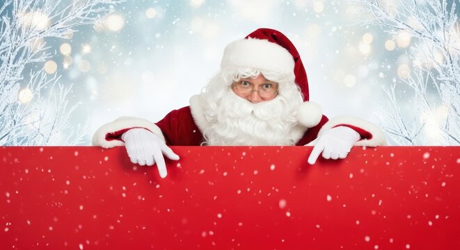 Santa claus is pointing down at a red sign with a snowy winter background, perfect for a christmas greeting