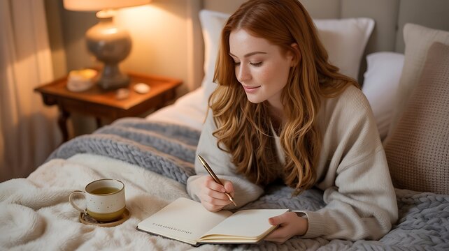Young woman writing in journal with tea cup