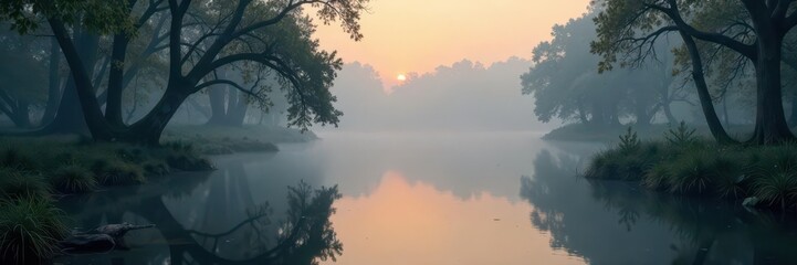 Fototapeta premium A serene swamp evening with spring water and misty lake, fog, serene, atmospheric