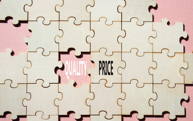 Price or Quality symbol. Concept word Price or Quality on wooden puzzle. Beautiful pink background....