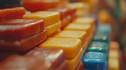 Close-up view of stacked colorful handmade soaps.